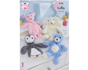 Knitting Pattern: Flat Snuggle Animal Toys. Rabbit, Bear, Penguin and Pig Snuggle Toys in Soft, Cuddly King Cole Truffle Yarn