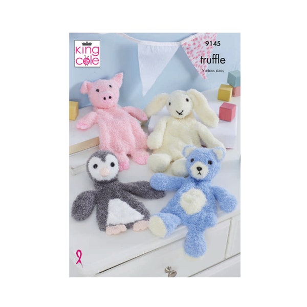 Knitting Pattern: Flat Snuggle Animal Toys. Rabbit, Bear, Penguin and Pig Snuggle Toys in Soft, Cuddly King Cole Truffle Yarn