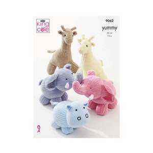 Toy Knitting Pattern: Giraffe, Elephant and Hippo Toys in King Cole Yummy Yarn. Knit a Soft, Beautiful Plush Animal Baby Toy