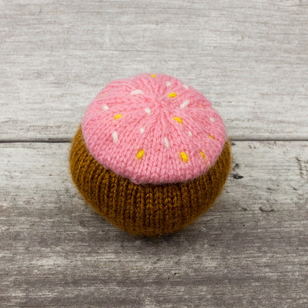 Iced Bun Pincushion. Hand-knitted Iced Bun Pincushion Cake. Pretend Food for Imaginative Play. With Charity Donation