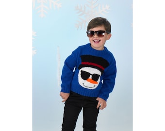 Modèle de tricot : pull de Noël bonhomme de neige amusant pour enfant. Pull de Noël bricolage avec bonhomme de neige cool en fil DK. Pull de Noël unisexe pour enfant