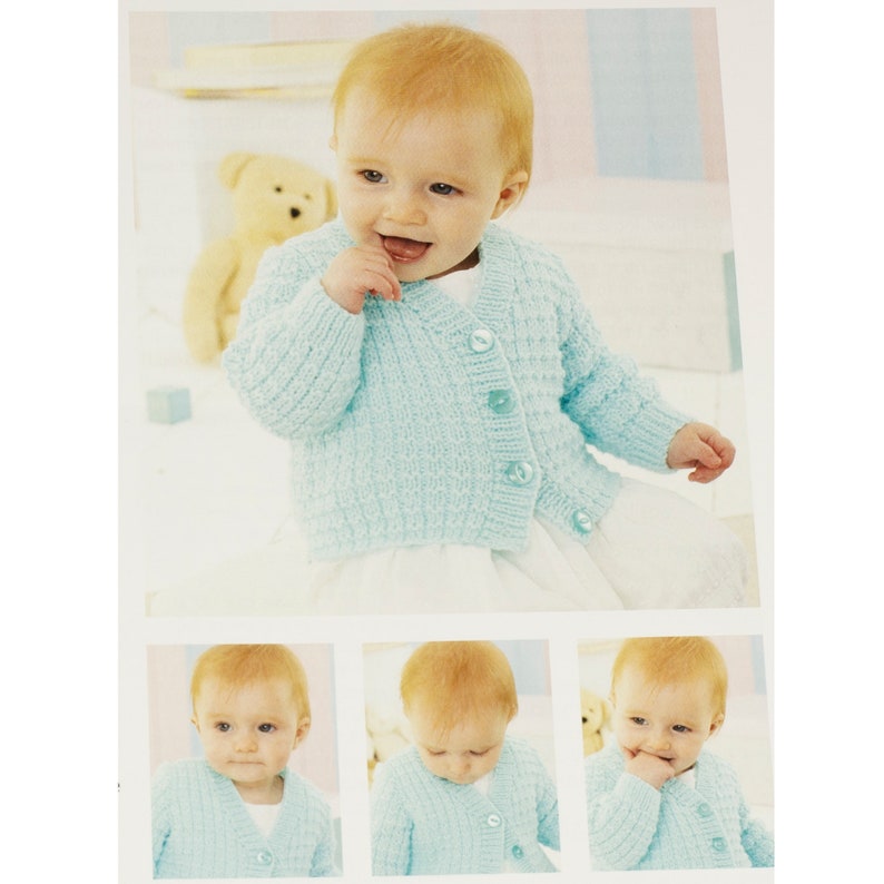 May include: A light blue knitted baby cardigan with a button closure. The cardigan is shown on a baby in multiple poses.
