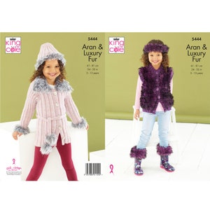 May include: Two children's knitting patterns for a cardigan and a vest with fur trim. The patterns are from King Cole and are called "Aran & Luxury Fur". The patterns are for sizes 3-13 years and 24-32 inches.