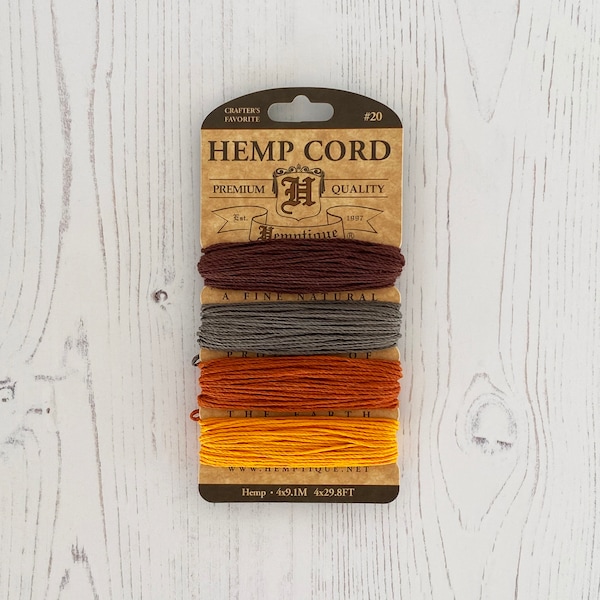 Hemp Cord: 4 x 9.1m, 1mm wide. Hemptique 100% Hemp Cord in Harvest - Brown, Grey, Rust, Gold. Eco Friendly, Sustainable, Biodegradable