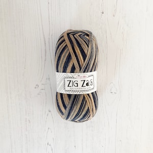 Sock Yarn: Zig Zag 4 Ply in Mayfly. Self Striping Yarn in Brown, Beige, Grey and Cream. Colourful Yarn for Socks