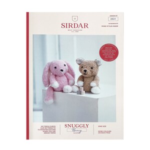 May include: A knitting pattern for a snuggly bunny, featuring a pink bunny and a brown bunny. The pattern is from Sirdar, a British yarn company.