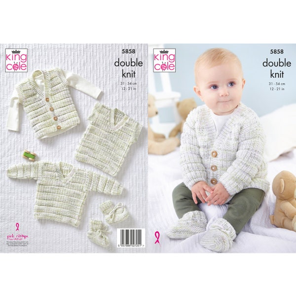 Knitting Pattern: Baby Cardigan, Waistcoat, Sweater, Tank Top and Bootees in DK Yarn for Premature to 24 Months. King Cole Baby Clothes
