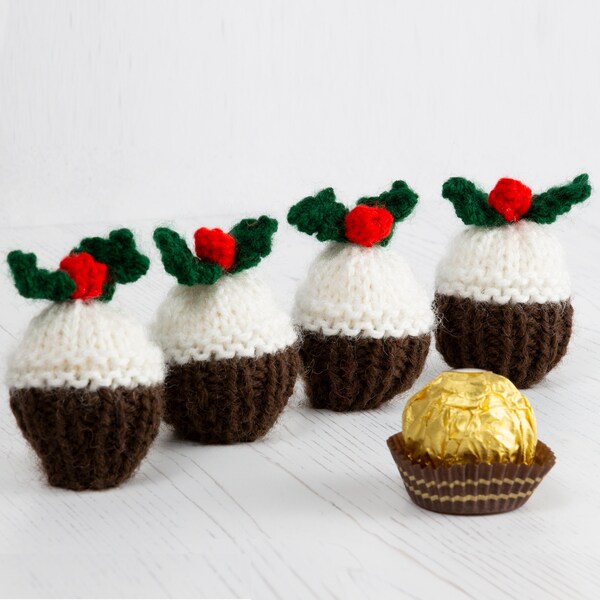 Mini Christmas Pudding Party Favours. Set of Four Hand-Knitted Chocolate Covers. Ideal Place Setting or Secret Santa Gift