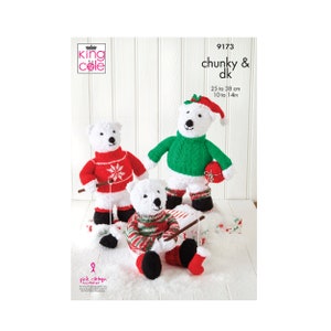 May include: Three white polar bear knitting patterns with red, green, and white sweaters. The pattern is for a chunky and dk weight yarn. The bears are 10 to 14 inches tall.
