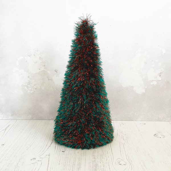 Christmas Tree Decoration in Green and Red Tinsel, 33cm High. Christmas Decoration or Gift. With Charity Donation