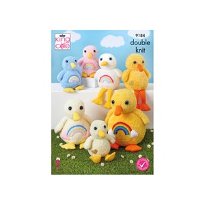 May include: A knitting pattern for making a double knit plush toy duck with a rainbow design. The pattern is from King Cole and is number 9184.