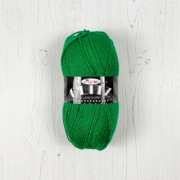 Yarn: Green Glitz DK Christmas Wool. 100g balls of King Cole Sparkle Yarn in Christmas Green