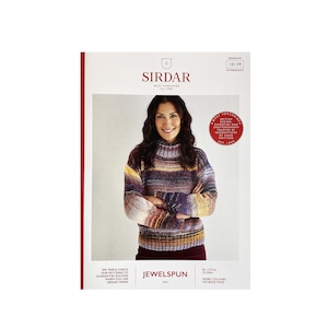 May include: A knitting pattern for a colorful striped sweater, featuring the Sirdar Jewelspun yarn. The pattern is for a size 31-54 inches and is labeled as intermediate difficulty. The pattern is titled "Jewelspun" and includes instructions for knitting the sweater.