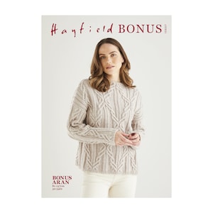Padrão de tricô: suéter Aran. Suéter Aran feminino em Hayfield Bonus Aran. Suéter Cable para mulheres tricotarem em lã Aran