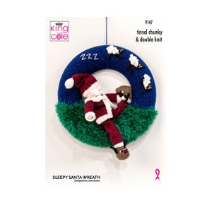 Knitting Pattern: Christmas Wreath. Sleepy Santa Xmas Wreath. Fun Christmas Decoration to Knit in Tinsel Chunky and DK Yarn