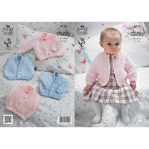 May include: A knitting pattern for a baby cardigan with a chunky yarn. The pattern is called "King Cole Chunky" and includes instructions for sizes 14-22 inches. The pattern shows a baby wearing a pink cardigan and a blue cardigan.