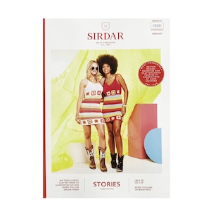 May include: Two women wearing crochet dresses with colourful stripes and geometric patterns. The dresses are sleeveless and have a fitted bodice. The women are standing on a colourful background. The image includes the text "Stories Double Knitting".