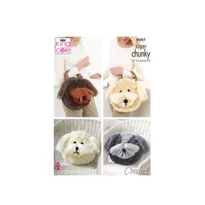 May include: Four crocheted dog-shaped bags in different colors. The bags are 14 inches in diameter and are made with super chunky yarn. The bags are shown on a white wicker chair.
