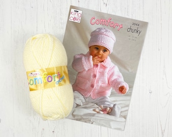 Knitting Pattern + Yarn: Chunky Baby Jacket, Sweater, Crossover Cardigan or Hat in Cream Baby Yarn with King Cole Pattern 3044