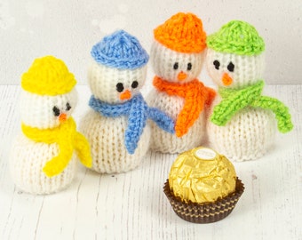 Snowmen Party Favour, Stocking Filler or Place Setting for Thanksgiving and Christmas. 4 Candy Covers with Coloured Hats and Scarves