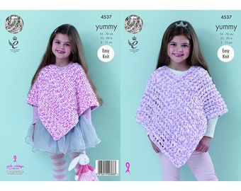 Knitting Pattern: Ponchos in Yummy Yarn for Girls 2-12 Years. King Cole Pattern 4537