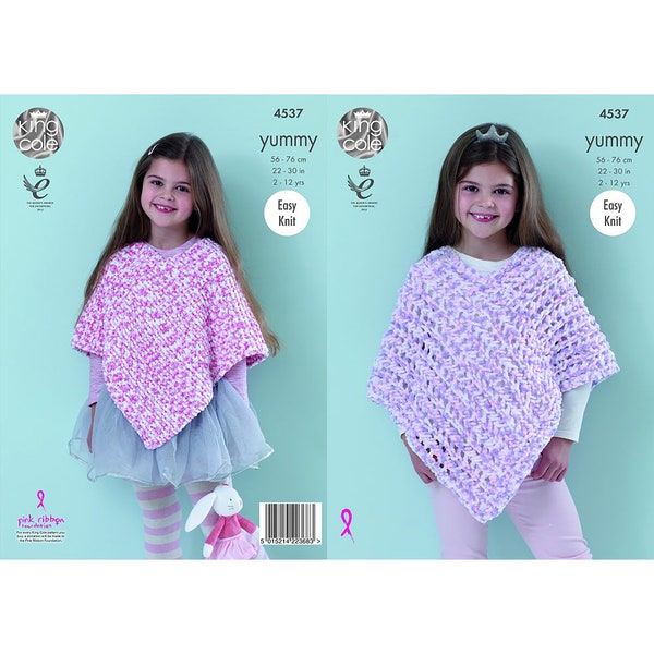 Knitting Pattern: Ponchos in Yummy Yarn for Girls 2-12 Years. King Cole Pattern 4537