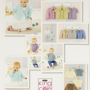 May include: A collection of knitting patterns for baby cardigans. The patterns feature different styles and colors, including a light blue cardigan with a white collar, a light green cardigan with a white collar, a lavender cardigan with a white collar, a light brown cardigan with a white collar, a light blue cardigan with a white collar, a light gray cardigan with a white collar, and a light brown cardigan with a white collar. The patterns are from King Cole LTD.
