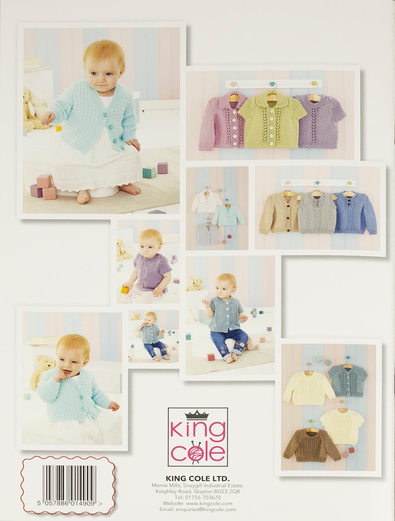 May include: A collection of knitting patterns for baby cardigans. The patterns feature different styles and colors, including a light blue cardigan with a white collar, a light green cardigan with a white collar, a lavender cardigan with a white collar, a light brown cardigan with a white collar, a light blue cardigan with a white collar, a light gray cardigan with a white collar, and a light brown cardigan with a white collar. The patterns are from King Cole LTD.