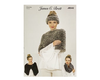 May include: A knitting pattern for a cowl and headband, featuring a woman wearing a brown and white cowl and headband. The pattern is called "Chinchilla" and is by James C. Brett, with the pattern number JB542.