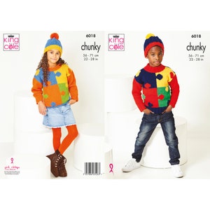 May include: Two children wearing colourful knitted jumpers with a jigsaw puzzle pattern. The jumpers are chunky knit and have a blue, red, yellow and green colour scheme. The children are wearing hats with bobbles. The image includes the text "King Cole" and "chunky" with the size "56-71 cm, 22-28 in".