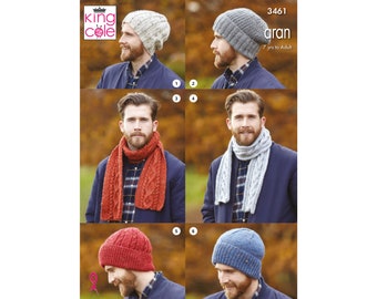 Knitting Pattern: Unisex Hats and Scarves in Aran Yarn. Four Hat, Two Scarf Designs. Sizes 7 Years to Adult