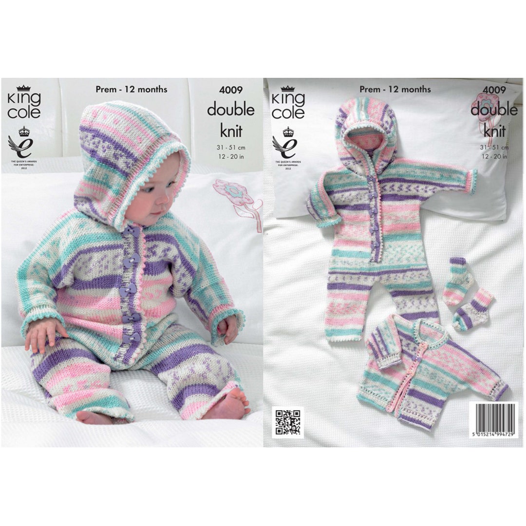 Knitting pattern for baby all-in-one, jacket, and socks in various sizes