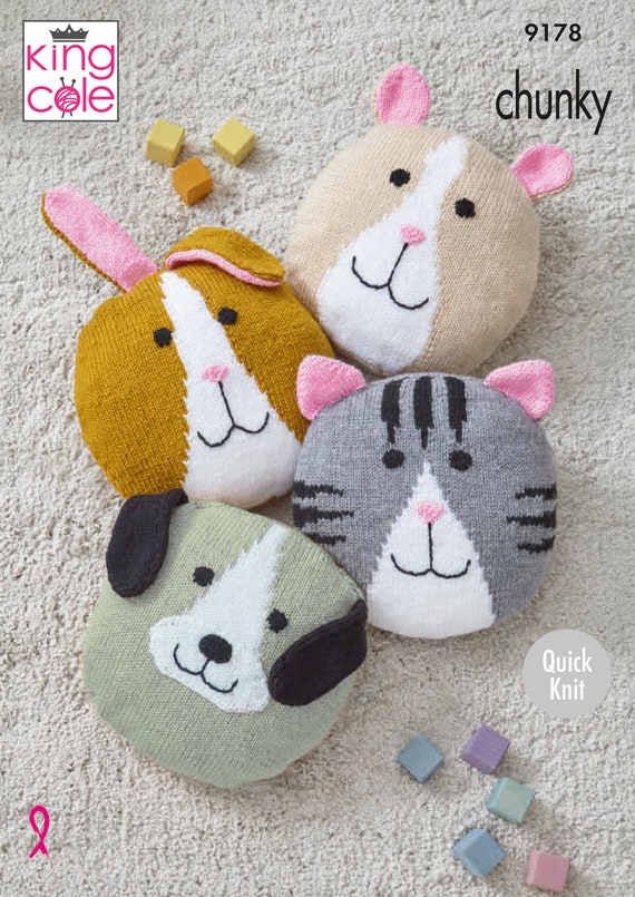 King Cole Novelty Animal Cushion Covers Knitting Pattern 9178 - Chunky King Cole Novelty Animal Cushion Covers Knitting Pattern 9178 - Chunky