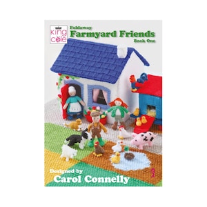 May include: A King Cole Foldaway Farmyard Friends Book One pattern book featuring a knitted white house with a blue roof, a red barn, and various knitted figures including people, a dog, a cat, a pig, chickens, and ducks on a colourful mat.