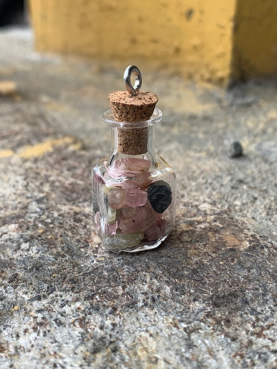 Mini Glass Jar Necklace With Mixed Tourmaline Crystals Green Pink