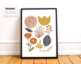 Earth Tones Scandi Botanical Vertical Print / Descarga digital / Póster imprimible / Guardería, Bebé, Sala de juegos para niños Arte de pared / Decoración minimalista