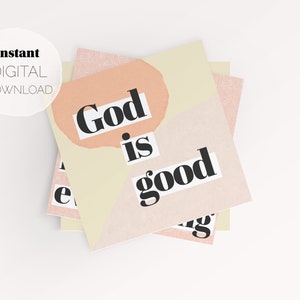 May include: A stack of three cards with a peach and yellow background. The top card has the text "God is good" in black bold letters.