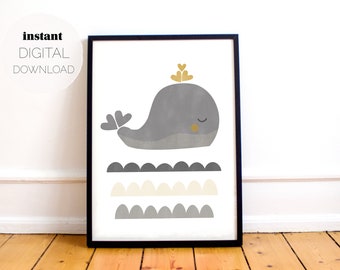 Gray Playful Whale Vertical Print | Digital Download | Printable Poster | Nursery, Baby, Kids Room, Playroom Wall Art | Minimal Scandi Decor