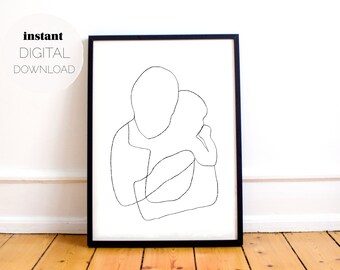 Parent and Child Single Line Drawing (Digital Download), Motherhood / Fatherhood Monoline Portrait, Large Black & White Minimalist Poster