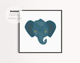 Impresión cuadrada de elefante mínimo azul (descarga digital), guardería Safari, habitación para niños o decoración de sala de juegos, arte de pared Scandi lúdico