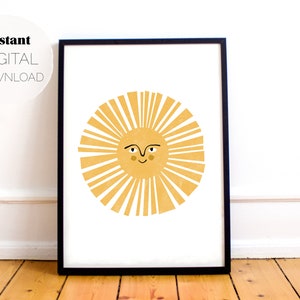Yellow Smiling Sun Vertical Print | Digital Download | Printable Poster | Nursery, Baby, Kids Room, Playroom Wall Art | Minimal Scandi Decor