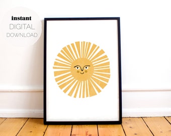 Impresión vertical del sol sonriente amarillo / Descarga digital / Póster imprimible / Guardería, Bebé, Habitación para niños, Arte de la pared de la sala de juegos / Decoración minimalista Scandi
