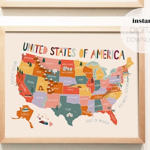 Vereinigte Staaten von Amerika Illustrierte Karte | Digitaler Download | Horizontales druckbares Poster | Kindergarten, Kinderspielzimmer, Klassenzimmer Lernen Print