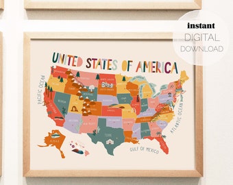 Mapa ilustrado de los Estados Unidos de América / Descarga digital / Cartel imprimible horizontal / Guardería, Sala de juegos para niños, Impresión de aprendizaje en el aula