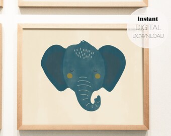 Impresión horizontal de elefante mínimo / Descarga digital / Póster imprimible / Guardería, Bebé, Habitación para niños, Arte de pared de sala de juegos / Decoración Scandi juguetona
