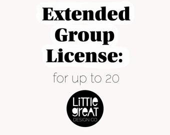 May include: Black and white text on a white background that reads "Extended Group License: for up to 20". A black circle with white text that reads "Little Great Design Co." is below the text.