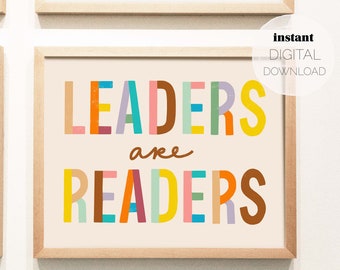 Leaders Are Readers Hand-Lettered Art Print | Digital Download | Horizontal Printable Poster | Kids Playroom, Classroom Decor | Teacher Gift