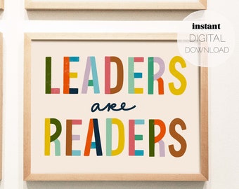 Leaders Are Readers Hand-Lettered Art Print | Digital Download | Horizontal Printable Poster | Kids Playroom, Classroom Decor | Teacher Gift