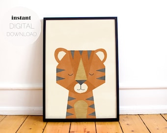 Impresión vertical de tigre geométrico: fondo blanquecino (descarga digital), arte de pared imprimible Safari para guardería, bebé, habitación para niños o sala de juegos