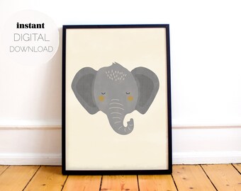 Gray Minimal Elephant Vertical Print | Digital Download | Printable Poster | Nursery, Baby, Kids Room, Playroom Wall Art | Boho Scandi Decor